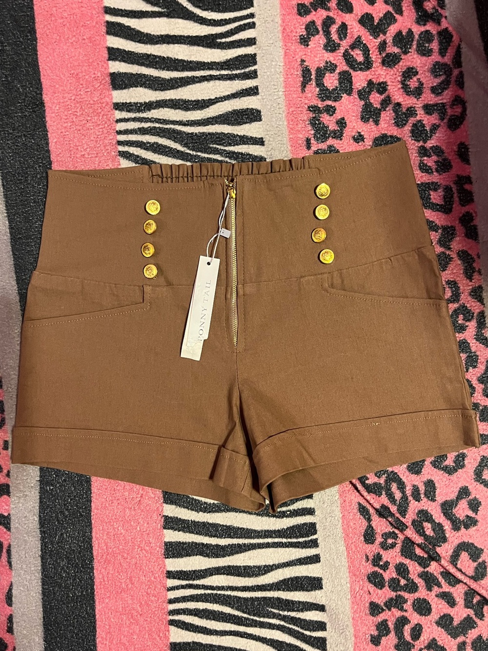 NWT PONNY TAIL High Waist Brown Shorts w/ Gold Button Detail